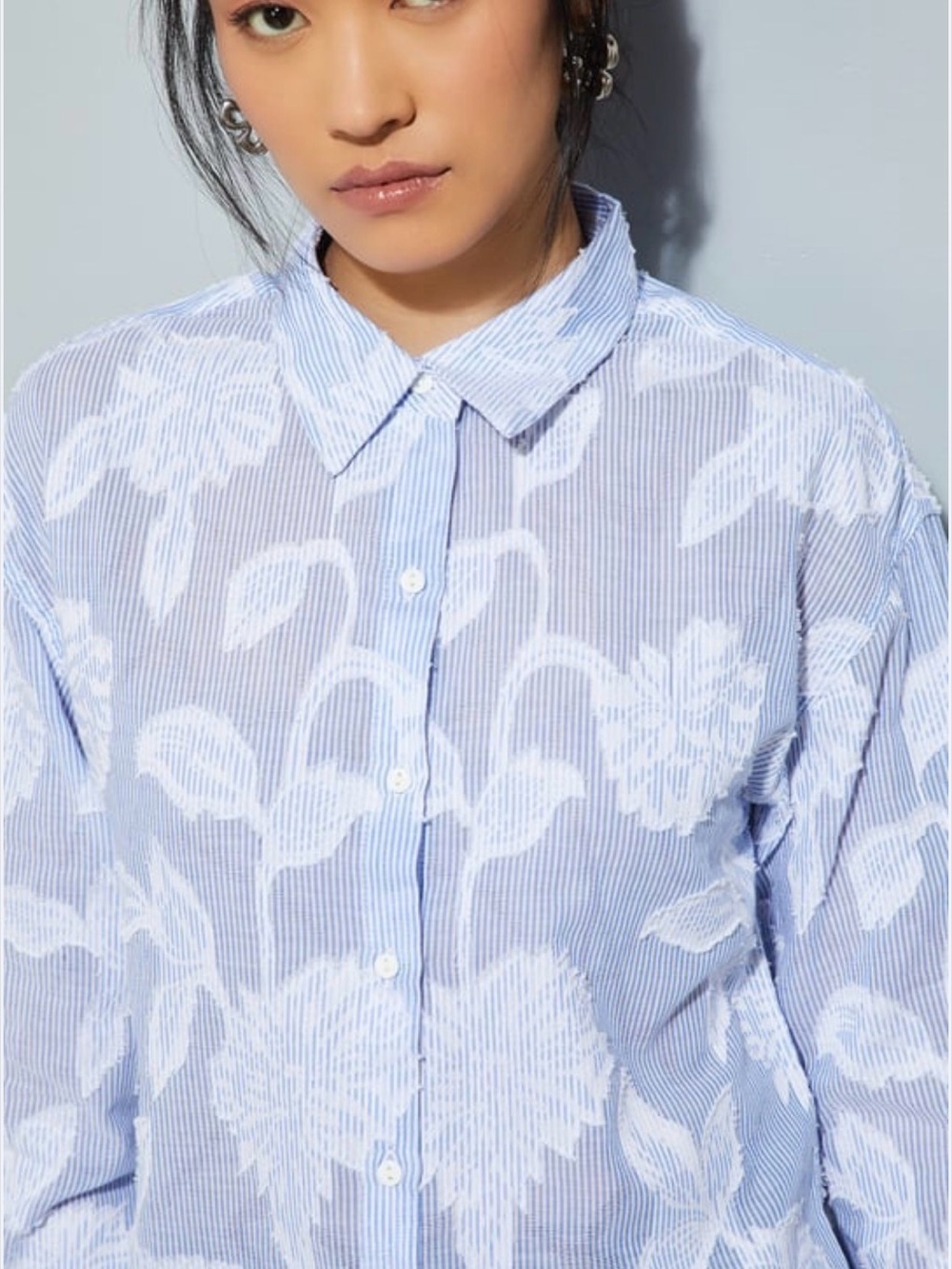 Magaschoni Light Blue and White Floral Stripe Button-Down Shirt - Picture 2 of 7
